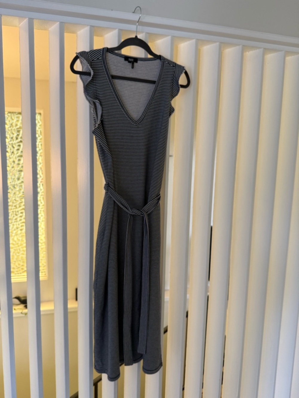 Paige Black and White Striped V-Neck Midi Dress with Tie Waist